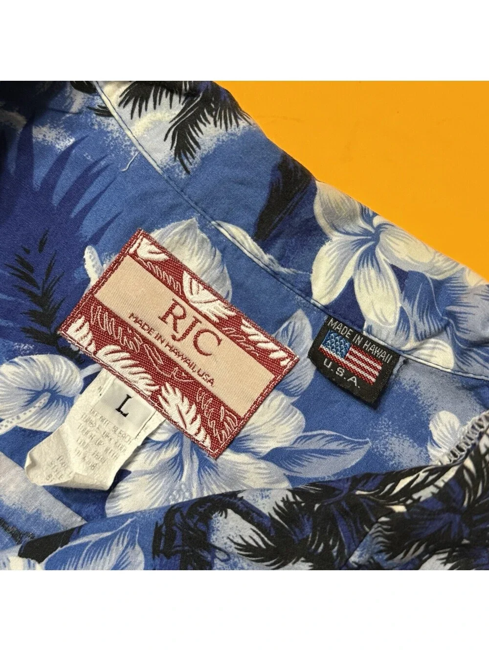 RJC Hawaiian Shirt Blue Palm Trees Floral Print Cotton USA Hawaii Made Men’s L